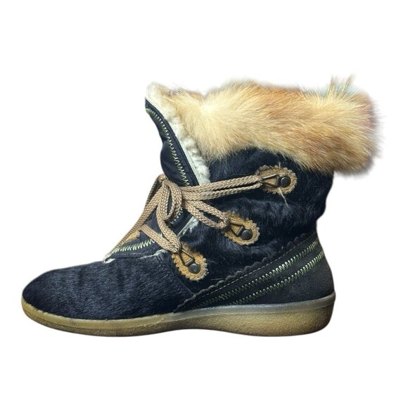 Vintage Tecnica Goat Fur Embroidered Floral Boots Black /  Brown Women's Size 38 - Picture 6 of 9